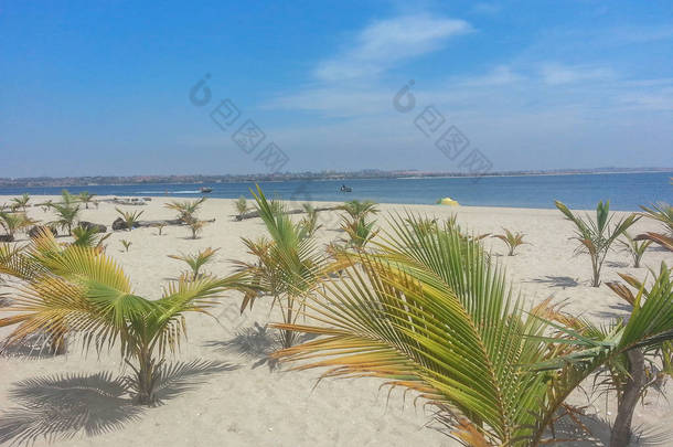 热带海滩与棕榈树, 沙子, 海洋水与小船和蓝天, 位于 Mussulo 海岛在罗安达, 安哥拉