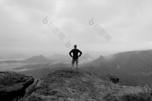 旅游是站在砂岩岩岩石园的高峰期，到大太阳早晨迷雾笼罩的山谷，注视。黑白照片.