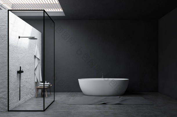 灰色浴室内部、淋浴和浴缸