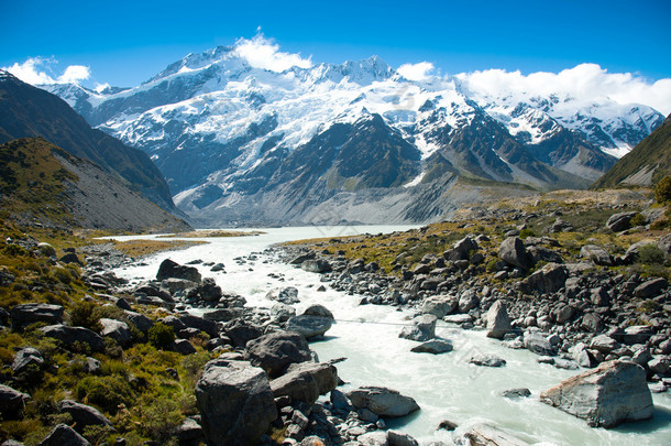 美丽的景色在步行至冰川在装载库克国家公园，南港岛，新西兰期间