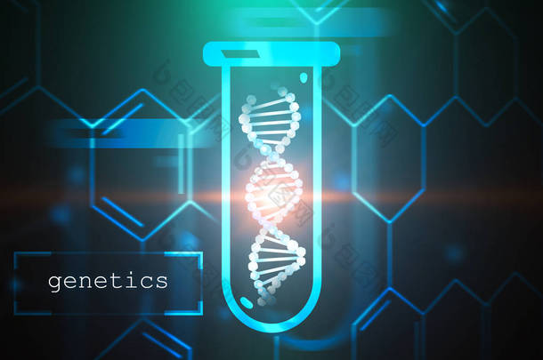 白色 dna 螺旋在试管在蓝色绿色背景下与碳原子网格和文本遗传学在左角落。生物技术、生物学、医学和科学概念。3d 渲染模拟色调图像