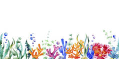 海洋水色框架与海洋植物、海藻、珊瑚礁、树叶、石头和气泡接壤。水下生物。完美的邀请函，派对装饰，印刷品.
