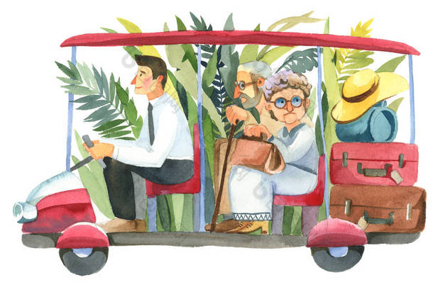 水彩红色电动车与绿色的热带叶子。旅馆的司机背着一 cople 的老夫妻带手提箱。