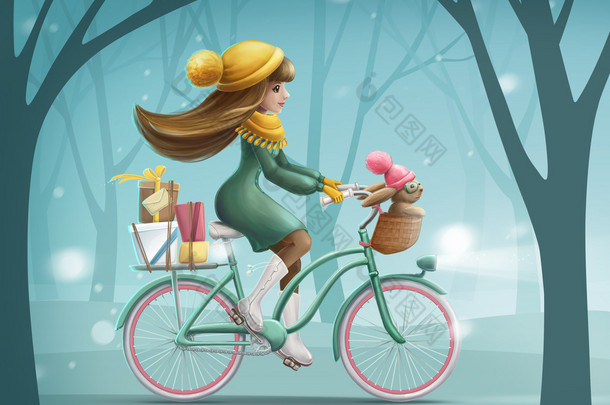 女孩骑着一辆自行车和小兔子和礼物盒子