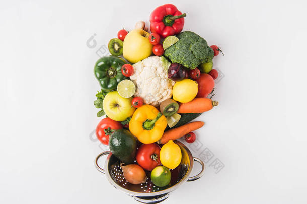从白色背景漏勺吃蔬菜水果的健康观念
