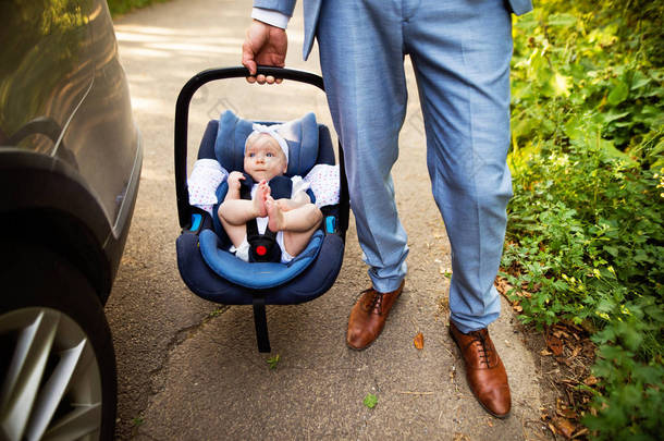 <strong>无法识别</strong>人携带他的宝贝女儿在汽车安全座椅.