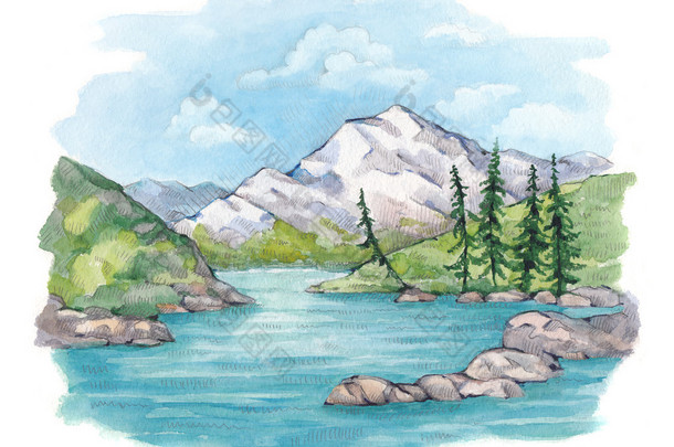 湖和山的水彩插图
