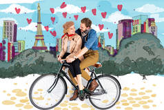 幸福优雅的夫妇骑自行车与巴黎插图的背景
