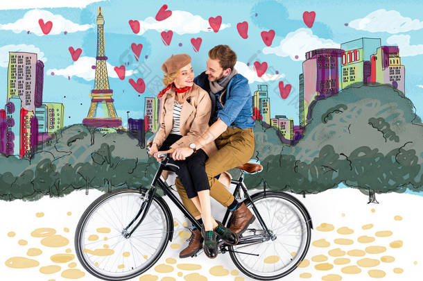 幸福优雅的夫妇骑自行车与<strong>巴黎</strong>插图的背景
