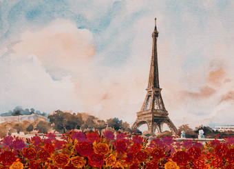 巴黎欧洲城市风景。法国, 埃菲尔铁塔著名, 以红玫瑰浪漫的塞纳河景色在秋季, 水彩画插图复古风格, 天际线背景。世界地标图片