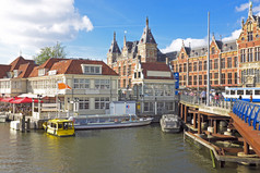 城市风景从阿姆斯特丹中央车站