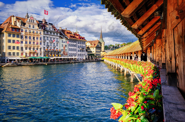 Lucerne, Switzerland, view from the famous wooden Chapel Bridge