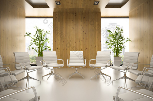 与白色扶手椅 3d 渲染的现代 boardrooml Interiopr
