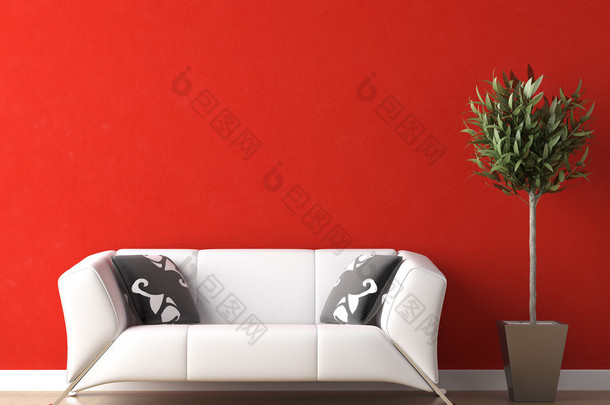 <strong>室内设计</strong>的红墙上的白沙发上