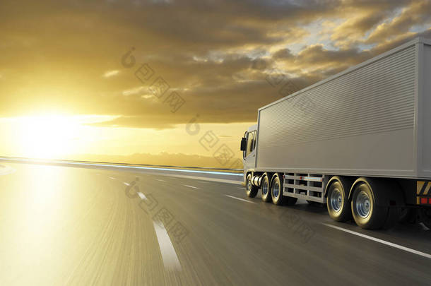 从后视角看运货卡车在公路上行驶，具有日出景观、速递、<strong>物流</strong>和货运概念。3d渲染.
