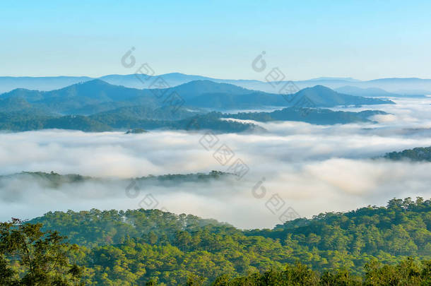 景观晨雾笼罩山谷像云漂浮在美妙的田园<strong>高</strong>地的大叻, 越南