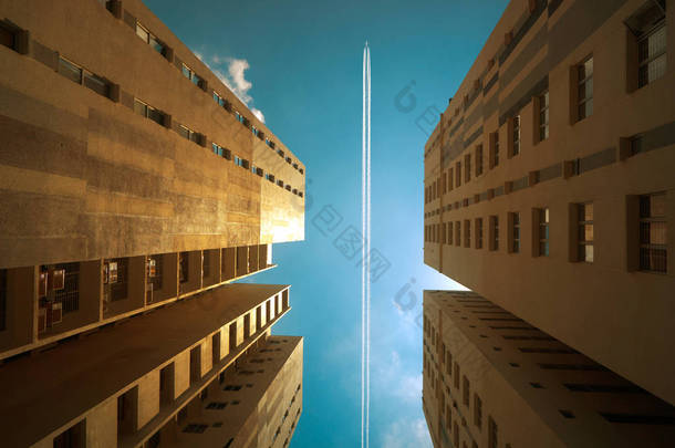 用抽象的低角度看普通现代商业摩天大楼的飞机轨迹.