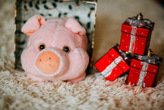 圣诞毛绒玩具粉红猪在目前的盒子作为新年的象征