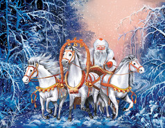 由俄罗斯三个圣诞老人与马骑冬季森林