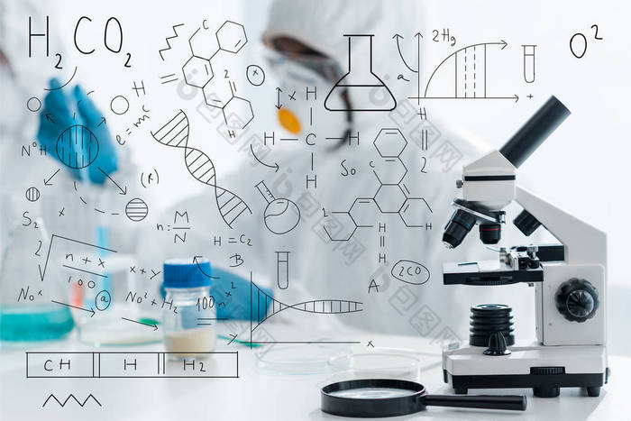 selective focus of microscope and magnifying glass with formulas illustration 