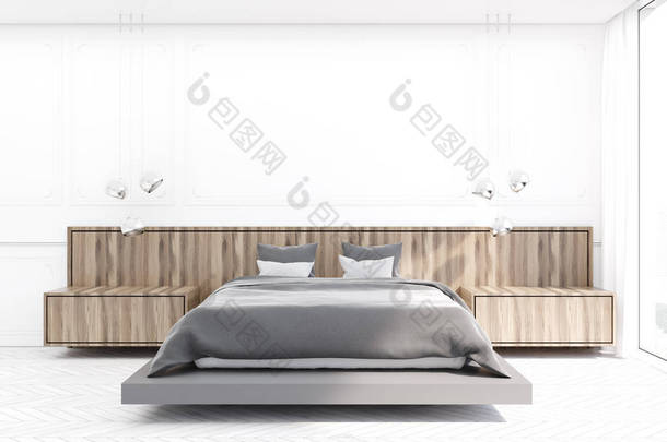 白色和木制的卧室, 灰色的床