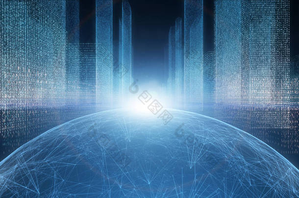 数字未来主义<strong>城市</strong>风景与蓝色颜色抽象网络地球与光耀斑例证背景.
