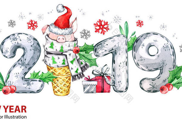 2019<strong>新年</strong>快乐横幅。可爱的猪与圣诞老人帽子在华夫饼锥和数字。问候水彩插图。冬季假期的象征。星座。完美的日历和庆典卡.