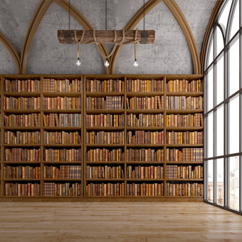 图书馆里有拱形窗户和天花板灯的旧书架。经典风格。 3D渲染图片