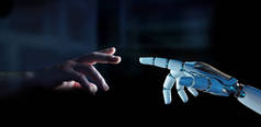 白色的机器人手指在黑暗背景下触摸人类手指3d 渲染