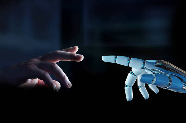 白色的机器人手指在黑暗<strong>背景</strong>下触摸人类手指3d 渲染
