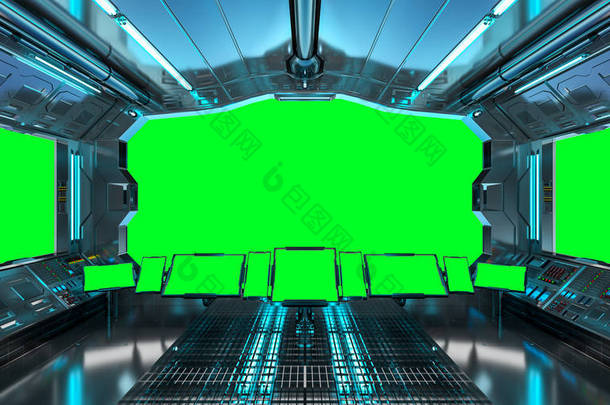 太空飞船内部对绿色 windows 3d 渲染的看法