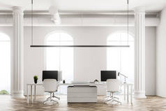 现代公司办公室内有白色电脑桌, 拱形窗户和木地板。室内设计理念。3d 渲染模拟.