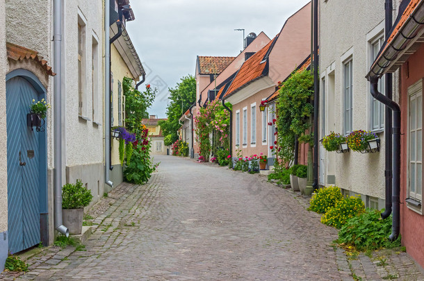 街道与老房子在瑞典维斯比规则 》 小镇