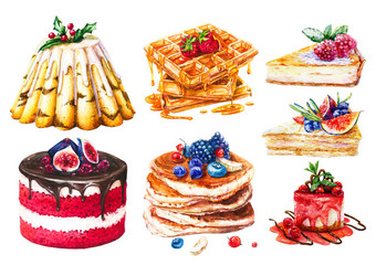 水彩蛋糕套装，甜糕点。手绘煎饼、华夫饼、蜂蜜、奶酪蛋糕和蜂蜜蛋糕、浆果果酱蛋糕、圣诞蛋糕和红天鹅绒蛋糕.图片