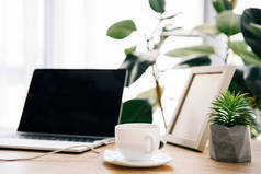 咖啡杯, 笔记本电脑, 盆栽植物和相框在桌子上的特写视图 