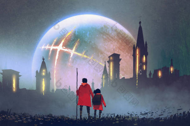 夜风景的人和他的女儿看着神秘的城堡反对发光的行星, 数字艺术风格, 插图绘画