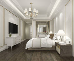 3d 渲染美丽的豪华卧室套房在酒店与电视