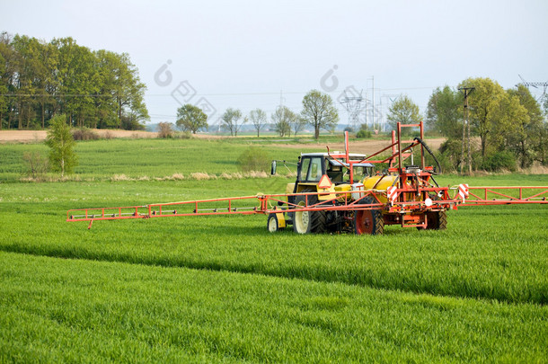 拖拉机在农场上喷涂绿色领域