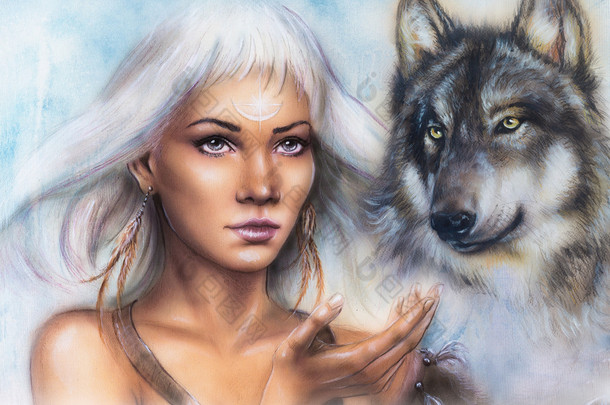 女人肖像装饰纹身在精神的狼和羽毛饰品的脸上。绘画