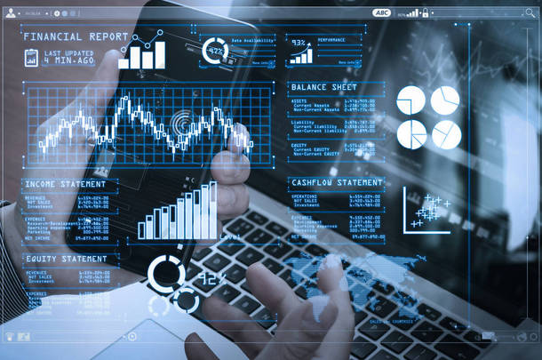 投资者分析股票市场报告和财务仪表板与商业智能 (Bi), 与关键绩效指标 (Kpi). 手用智能手机, 笔记本电脑, 网上银行支付通信网络技术.