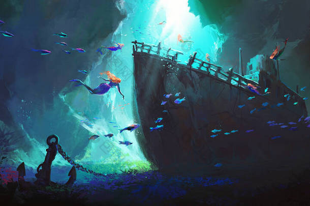 <strong>美人鱼</strong>围绕着海底的沉船，数字绘画.
