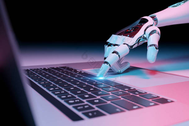 <strong>机器人机器人</strong>手按压笔记本电脑3D渲染键盘