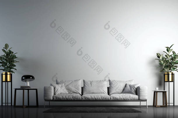 现代阁楼白色客厅室内设计与混凝土墙体背景