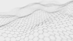 未来的白色六边形背景。未来派蜂窝概念。粒子的波涛3D渲染.
