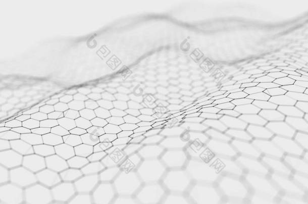 未来的<strong>白色</strong>六边形背景。未来派蜂窝概念。粒子的波涛3D渲染.