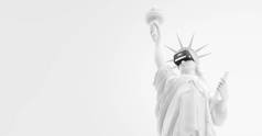 VR耳机,未来技术概念横幅.3D渲染的白色自由女神像，美国，女人穿着白色背景的虚拟现实眼镜。VR游戏。谢谢你看