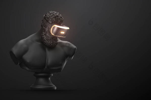 VR耳机与霓虹灯,未来的技术概念横幅.3D渲染的雕像，男人戴<strong>着</strong>黑色背景的虚拟现实眼镜。VR游戏。谢谢<strong>你看</strong>