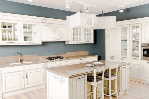 现代轻型厨房用白色木制家具的内饰