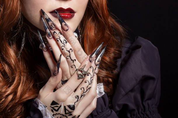 Beautiful long sharp black graft acrylic nails image for witches