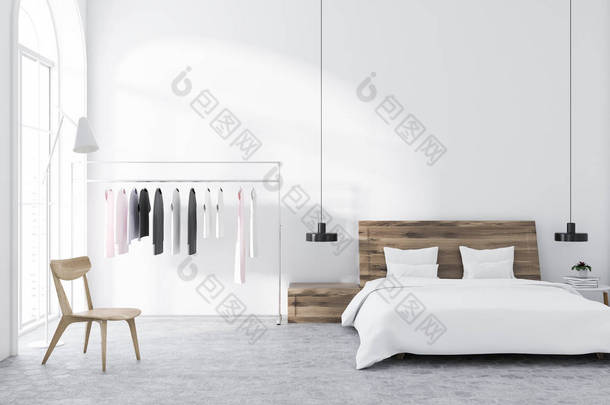 斯堪的纳维亚风格的卧室, 白色的墙壁, 瓷砖地板, 衣架, 和<strong>床头</strong>桌的主床。3d 渲染模拟